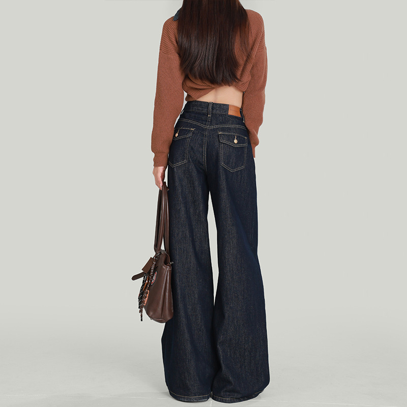 Wangjiang denim hlače, visoki pojas, širokog kroja, duge do poda, 50–70% pamuka, jesen 2025, bez elastana