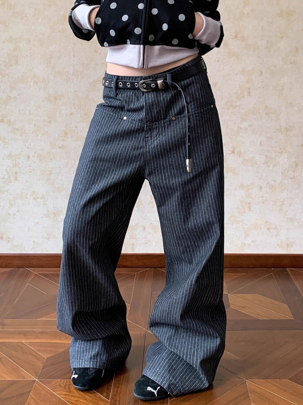 Američke retro džins s vertikalnim prugama, visokim strukom, straight kroj, denim s 50–70% pamuk i 30–50% poliester, ulični stil