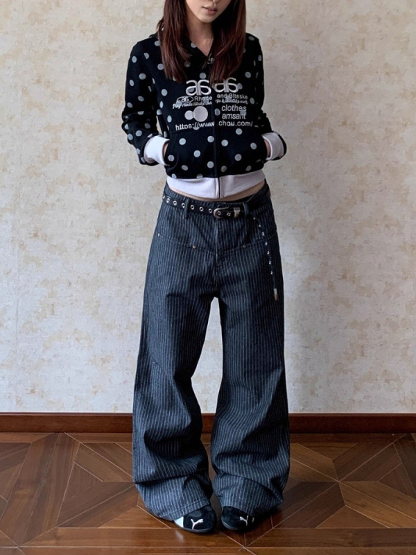 Američke retro džins s vertikalnim prugama, visokim strukom, straight kroj, denim s 50–70% pamuk i 30–50% poliester, ulični stil