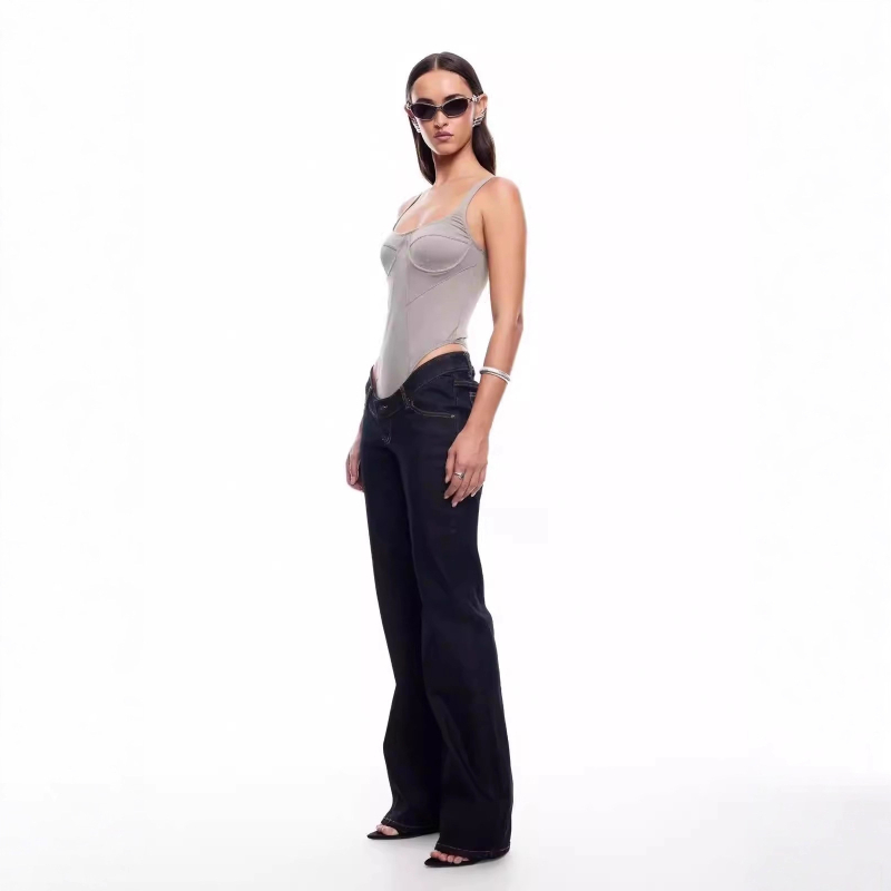 Traperice Slim Fit s ultraniskim strukom i ravnim krojem, denim-pamučna mješavina, gradski svakodnevni stil