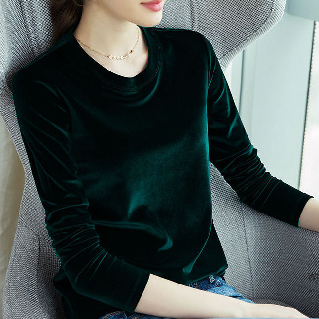 T-Shirt od Gold Velvet materijala, dugi rukavi, okrugli izrez, ravni kroj, duljina 50–65 cm