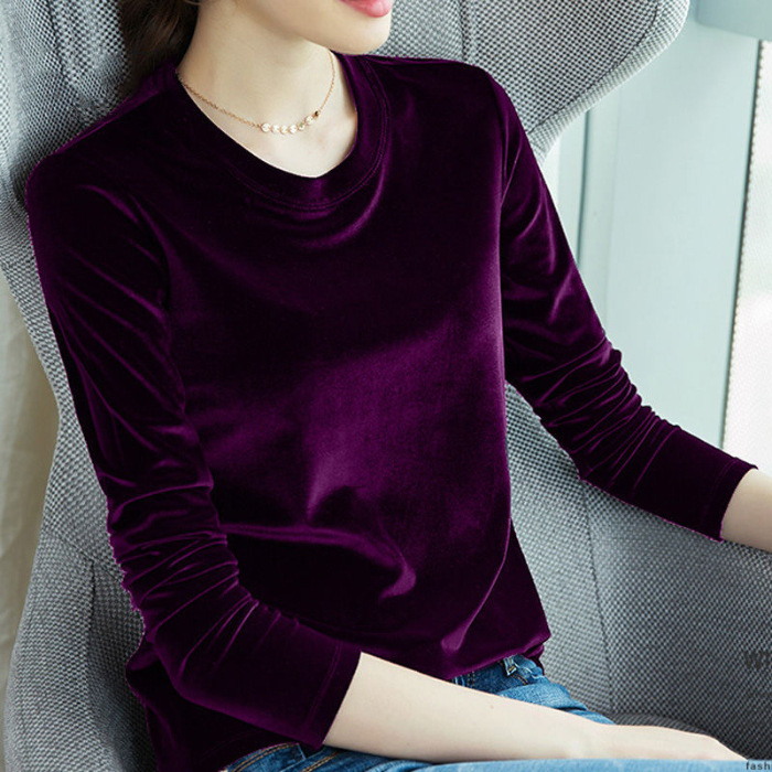 T-Shirt od Gold Velvet materijala, dugi rukavi, okrugli izrez, ravni kroj, duljina 50–65 cm