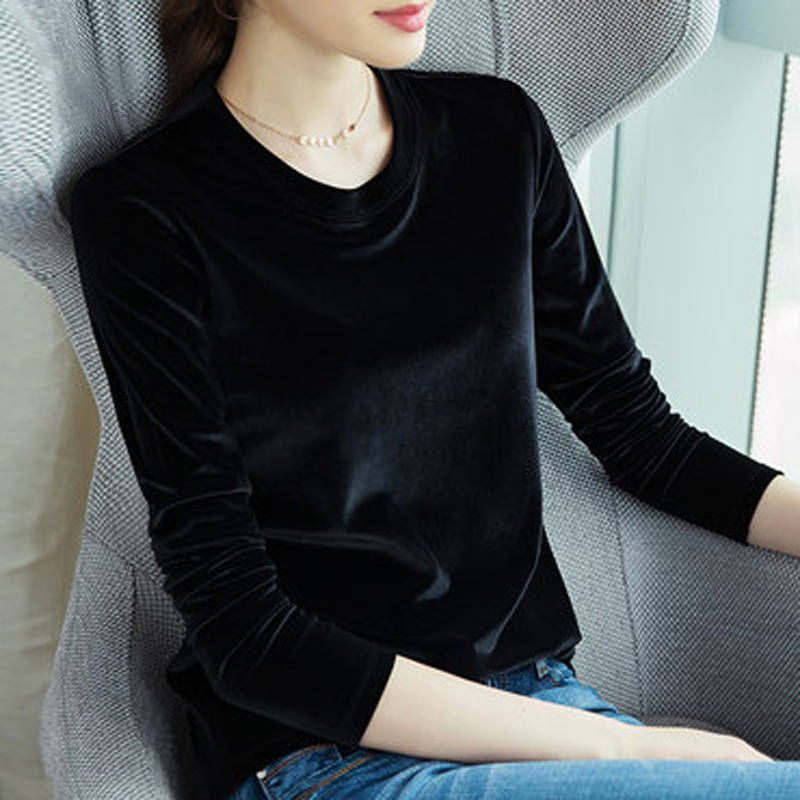 T-Shirt od Gold Velvet materijala, dugi rukavi, okrugli izrez, ravni kroj, duljina 50–65 cm