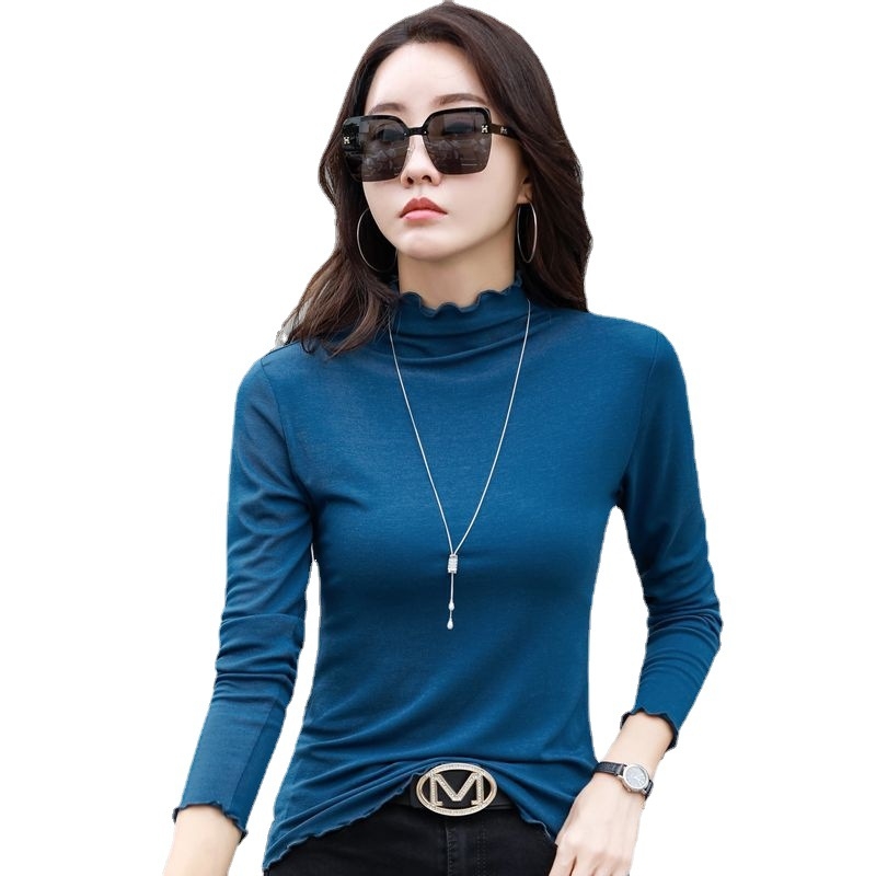 Slim-fit T-shirt s polu-visokom ovratnikom, dugim rukavima, pamuk-elastan smjesa, jednobojan, japansko-korejski leisure stil.