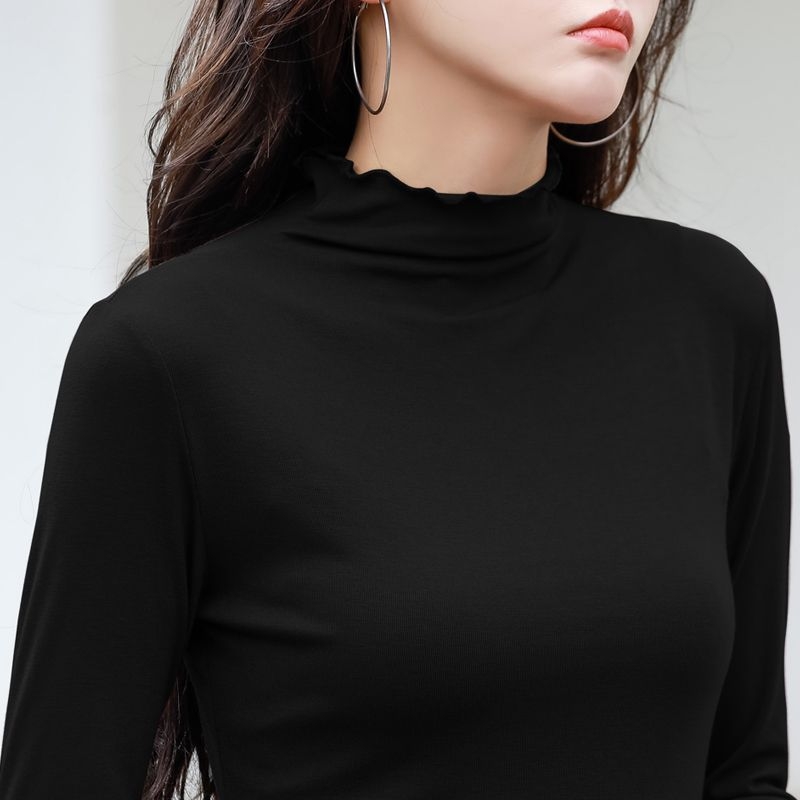 Slim-fit T-shirt s polu-visokom ovratnikom, dugim rukavima, pamuk-elastan smjesa, jednobojan, japansko-korejski leisure stil.