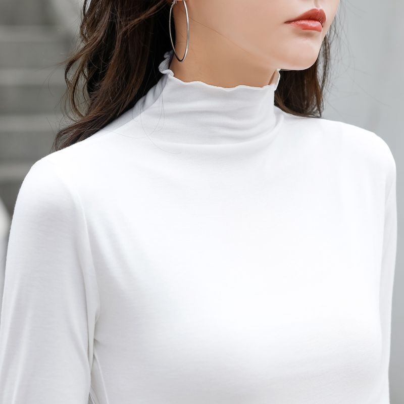 Slim-fit T-shirt s polu-visokom ovratnikom, dugim rukavima, pamuk-elastan smjesa, jednobojan, japansko-korejski leisure stil.