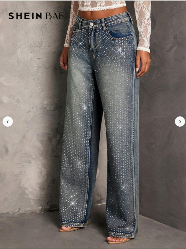 Traperice od denima s kristalima, elastične, vintage stil, nepravilni kristali uz toplinsku fiksaciju, ženske široke i ravne hlače