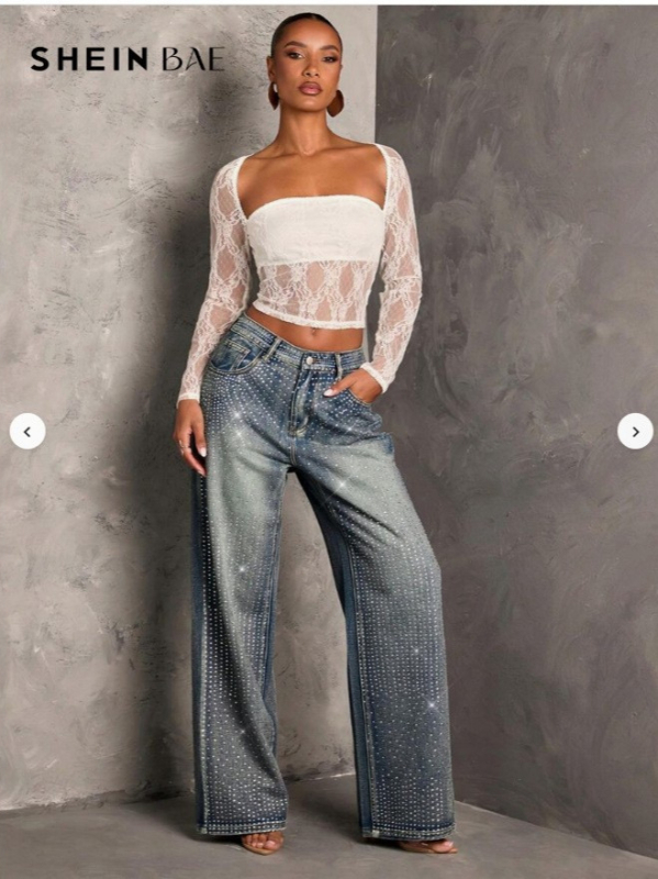 Traperice od denima s kristalima, elastične, vintage stil, nepravilni kristali uz toplinsku fiksaciju, ženske široke i ravne hlače