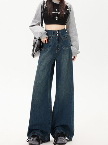 Ženske džins hlače širokih nogavica, visok pojas, dugačak kroj, denim