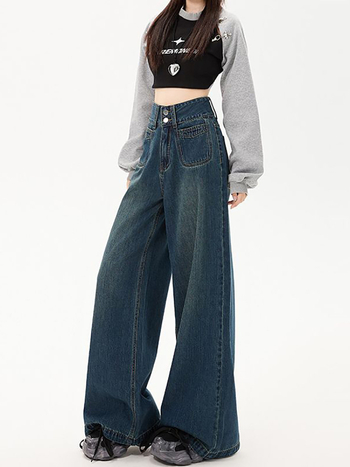 Ženske džins hlače širokih nogavica, visok pojas, dugačak kroj, denim