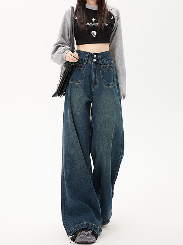 Ženske džins hlače širokih nogavica, visok pojas, dugačak kroj, denim