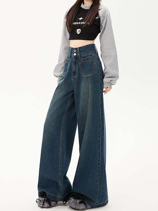 Ženske džins hlače širokih nogavica, visok pojas, dugačak kroj, denim