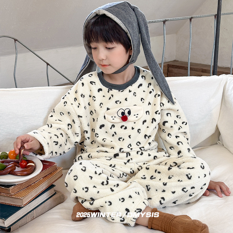 Dječji debeli fleece terminski set – 100% poliester Shirley Velvet, debeo, crtani uzorak, uključuje pulover, pidžamu i donje rublje, unisex, 3–8 godina