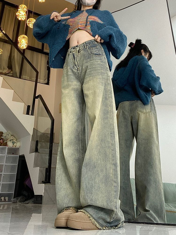 Traperice s raw rubom, visokim strukom, širokim nogavicama, do poda, pamuk denim