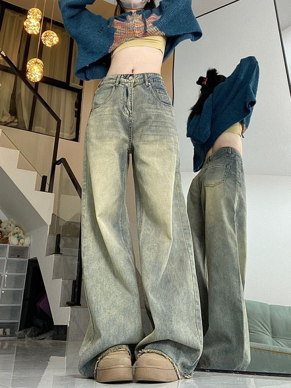 Traperice s raw rubom, visokim strukom, širokim nogavicama, do poda, pamuk denim