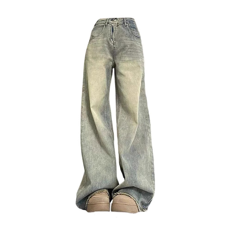 Traperice s raw rubom, visokim strukom, širokim nogavicama, do poda, pamuk denim