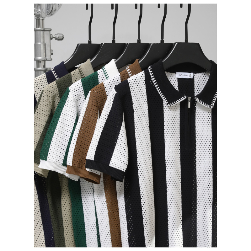 Πόλο πουκάμισο με κοντά μανίκια, φαρδιά γραμμή, ριγέ, κέντημα