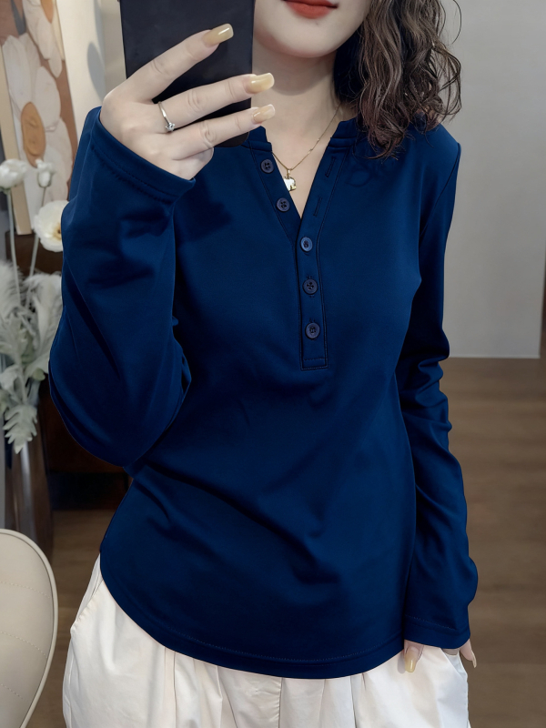 Ženska pamučna majica za jesen-zimu, debeli plišasti završetak, dugi rukavi, V-izrez, slobodan kroj, s gumbima, korejski casual stil