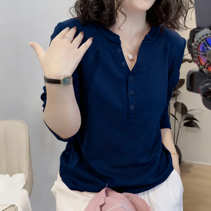 Ženska pamučna majica za jesen-zimu, debeli plišasti završetak, dugi rukavi, V-izrez, slobodan kroj, s gumbima, korejski casual stil