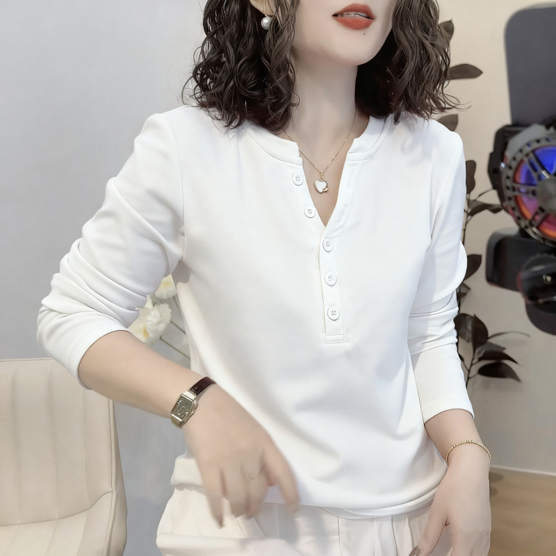 Ženska pamučna majica za jesen-zimu, debeli plišasti završetak, dugi rukavi, V-izrez, slobodan kroj, s gumbima, korejski casual stil