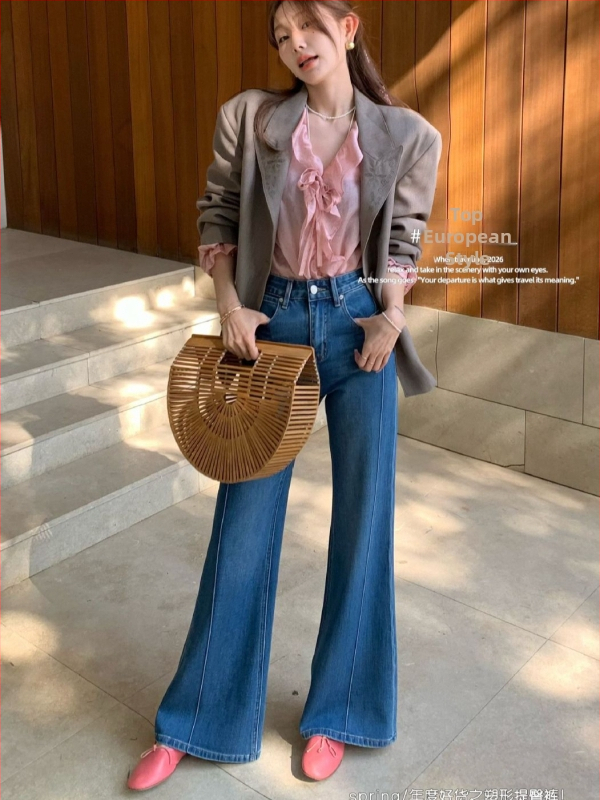 Traperice TOP European Style 7853 – visoki bok, zvonasti kroj s blagim proširenjem, pamuk + Tencel mješavina, Ice Wash