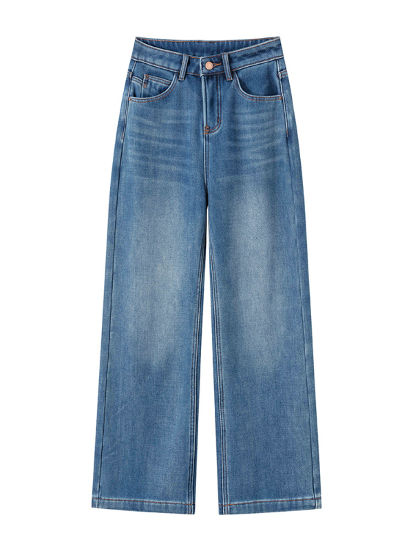 Traperice širokih nogu, visokim strukom, denim pamuk s elastanom (mikro-stretch), flis unutarnja podstava, distressed detalji