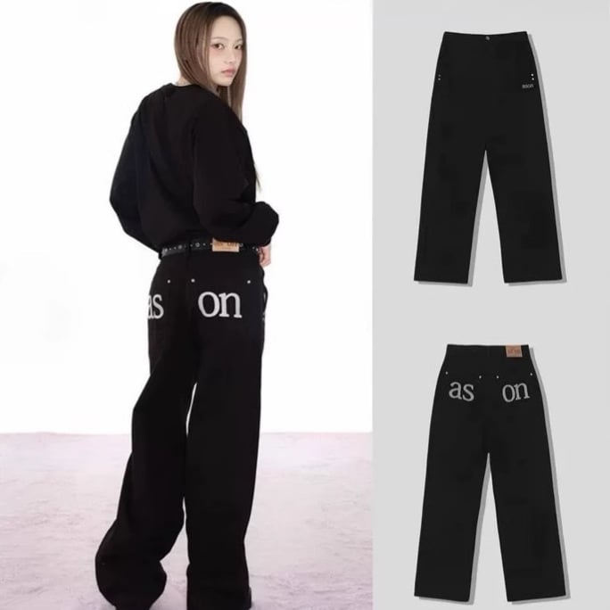 Aso ženske traperice, korejski stil, visok struk, ravno opušten kroj, šivanje slova na džepovima, pamuk denim, proljeće 2025