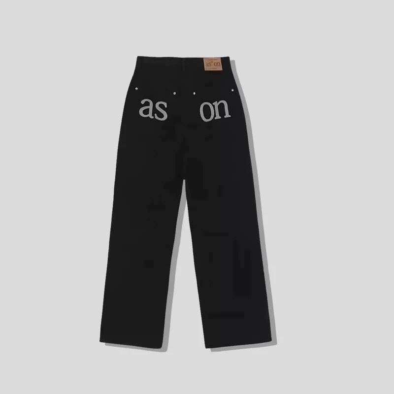 Aso ženske traperice, korejski stil, visok struk, ravno opušten kroj, šivanje slova na džepovima, pamuk denim, proljeće 2025