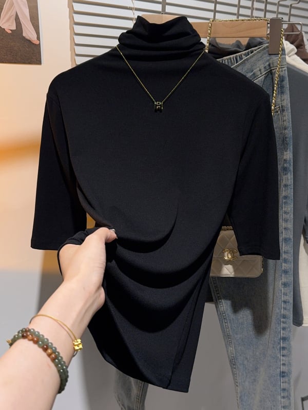 Ženski viskozni T‑shirt s polu rukavom i visokim ovratnikom, uski kroj, duljina 50–65 cm, ljeto 2024
