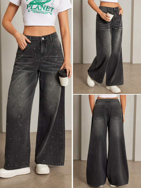 Džinsice ravnog kroja, s srednjom visinom struka, pamuk-poliester smjesa, rhinestone hot-drill detalj, street-hipster stil