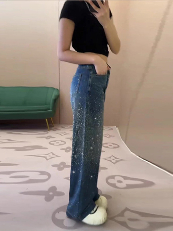 Traperice s kristalima i štrasom, visokim strukom, širokim krojem, 70–80% pamuka, casual stil