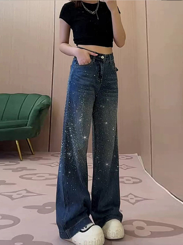 Traperice s kristalima i štrasom, visokim strukom, širokim krojem, 70–80% pamuka, casual stil