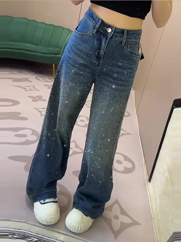 Traperice s kristalima i štrasom, visokim strukom, širokim krojem, 70–80% pamuka, casual stil