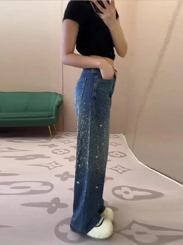 Traperice s kristalima i štrasom, visokim strukom, širokim krojem, 70–80% pamuka, casual stil