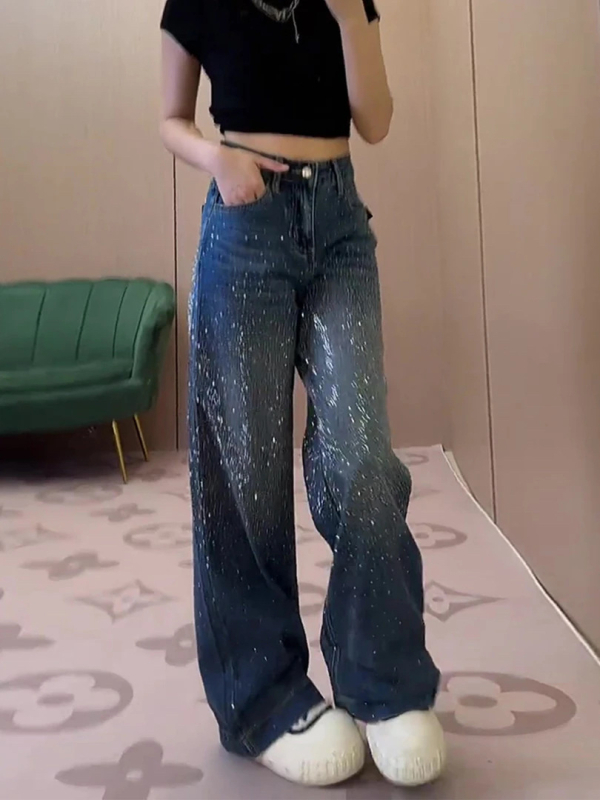 Traperice s kristalima i štrasom, visokim strukom, širokim krojem, 70–80% pamuka, casual stil