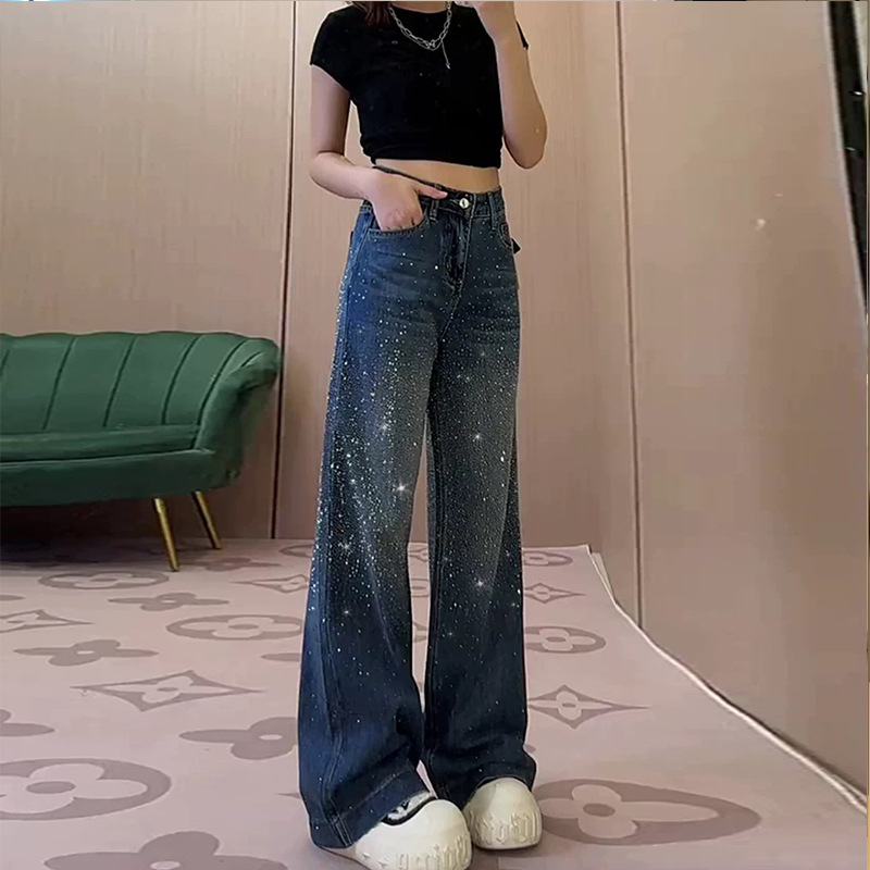 Traperice s kristalima i štrasom, visokim strukom, širokim krojem, 70–80% pamuka, casual stil