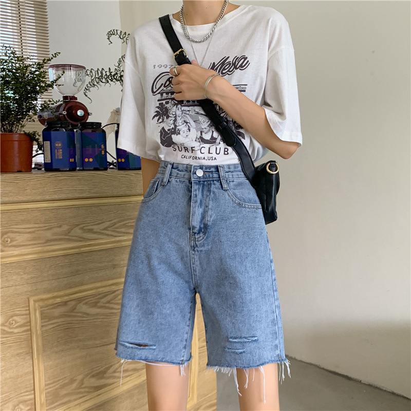 Džins šortovi, retro Hongkong stil, visok struk, ležeran ravni kroj, široke nogavice