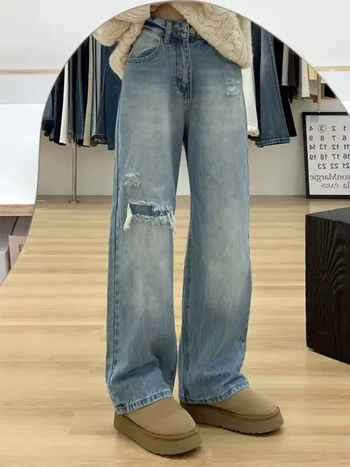Raspucane ravne traperice za žene, denim s 50–70% pamuka i <30% poliestera, visok struk, ravni kroj, mikroelastičnost