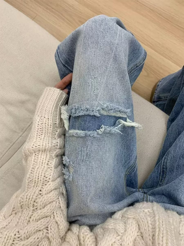 Raspucane ravne traperice za žene, denim s 50–70% pamuka i <30% poliestera, visok struk, ravni kroj, mikroelastičnost