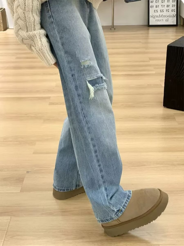 Raspucane ravne traperice za žene, denim s 50–70% pamuka i <30% poliestera, visok struk, ravni kroj, mikroelastičnost