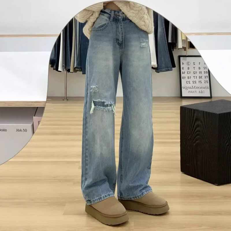 Raspucane ravne traperice za žene, denim s 50–70% pamuka i <30% poliestera, visok struk, ravni kroj, mikroelastičnost