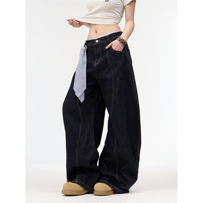 Traperice od denima, visokim strukom, ravni kroj, street hipster stil, pamuk 50–70% / poliester 30–50%, srednja debljina