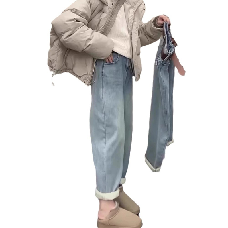 Denim haram hlače s visokim strukom, flis podstava, široka silueta, izšivani detalji