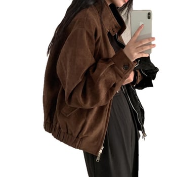 Dámska americká retro koža z jeleňa bunda, krátky strih, golier typu polo, dlhé rukávy, jeseň 2025