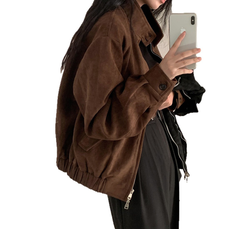 Dámska americká retro koža z jeleňa bunda, krátky strih, golier typu polo, dlhé rukávy, jeseň 2025