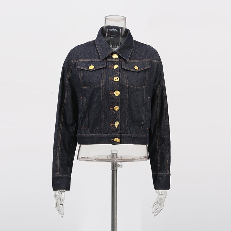 Krátka džínová bunda, jednoradové zapínanie, golier, dlhé rukávy, vysoký pás