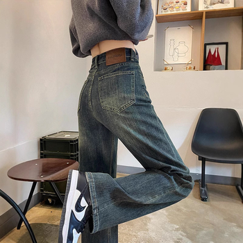 Ženske traperice s visokim strukom, denim, pamuk-poliester mješavina (30–50% pamuk / 30–50% poliester), slobodan kroj, retro stil, Zima 2024