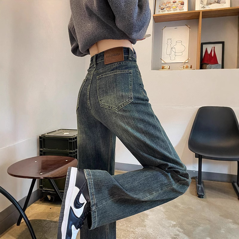 Ženske traperice s visokim strukom, denim, pamuk-poliester mješavina (30–50% pamuk / 30–50% poliester), slobodan kroj, retro stil, Zima 2024