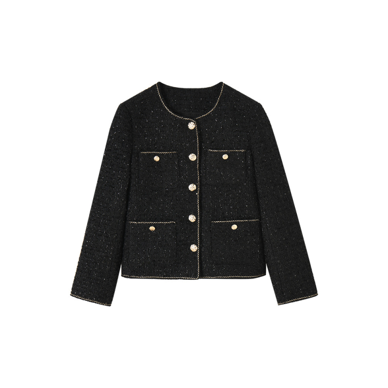 Ženski tweed kaput, francuski stil visoke klase, poliester tkanina, svijetli svila tweed, ovratnik kružni, kopčanje na jedan red, dugi rukavi