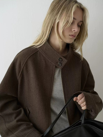 Дамско ретро вълнено твидено яке със стойка яка, цип, свободна кройка, къс модел, есен 2025